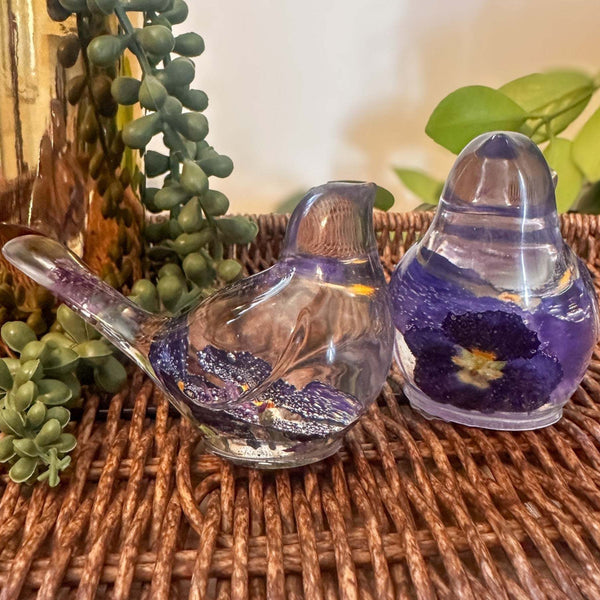 Pansy Garden Duo pansy resin bird pair with real deep purple pansies and thyme flowers in clear resin, handmade Canada