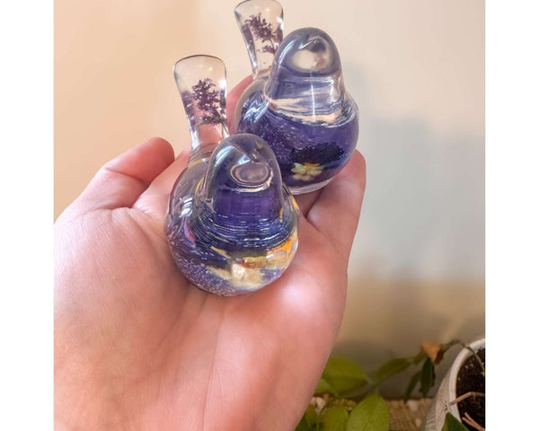 Pansy Garden Duo pansy resin bird pair with real deep purple pansies and thyme flowers in clear resin, handmade Canada