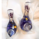 Pansy Garden Duo pansy resin bird pair with real deep purple pansies and thyme flowers in clear resin, handmade Canada