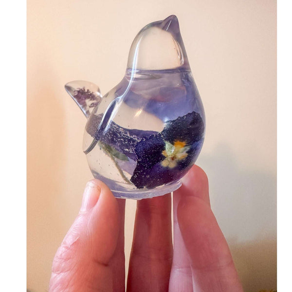 Pansy Garden Duo pansy resin bird pair with real deep purple pansies and thyme flowers in clear resin, handmade Canada