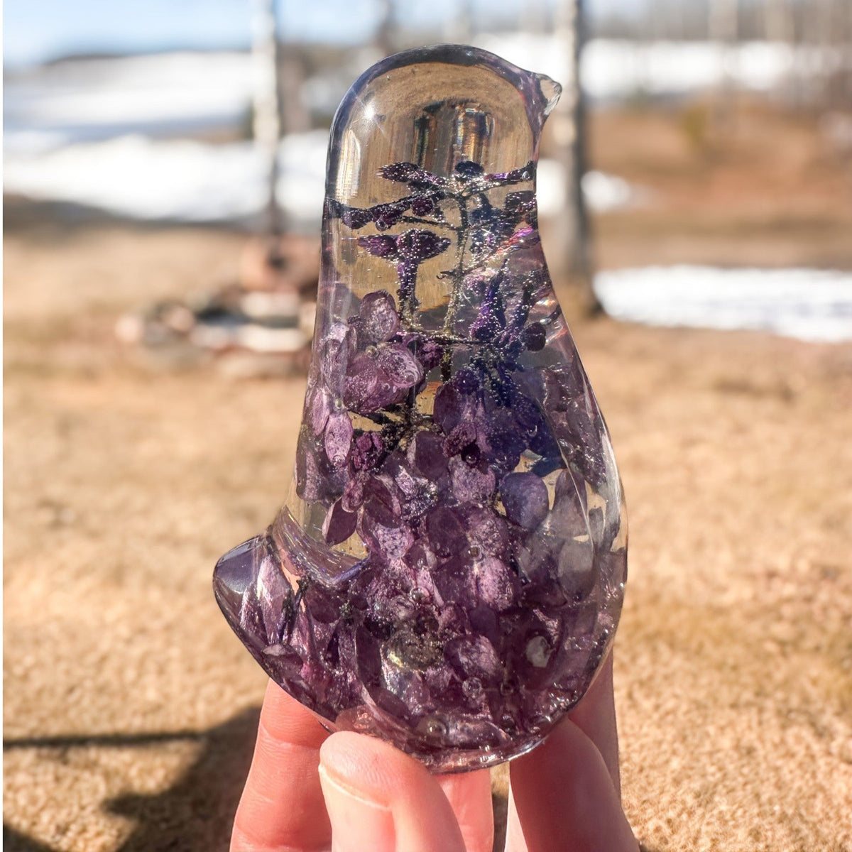 Lilac Bloom Songbird lilac resin bird decor with full preserved deep purple lilac bloom in clear resin, handmade Canada