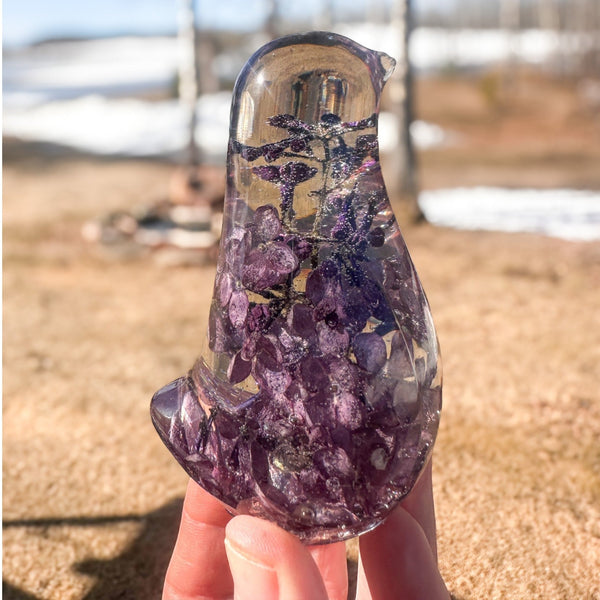 Lilac Bloom Songbird lilac resin bird decor with full preserved deep purple lilac bloom in clear resin, handmade Canada