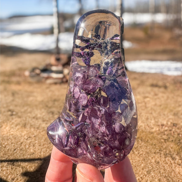 Lilac Bloom Songbird lilac resin bird decor with full preserved deep purple lilac bloom in clear resin, handmade Canada