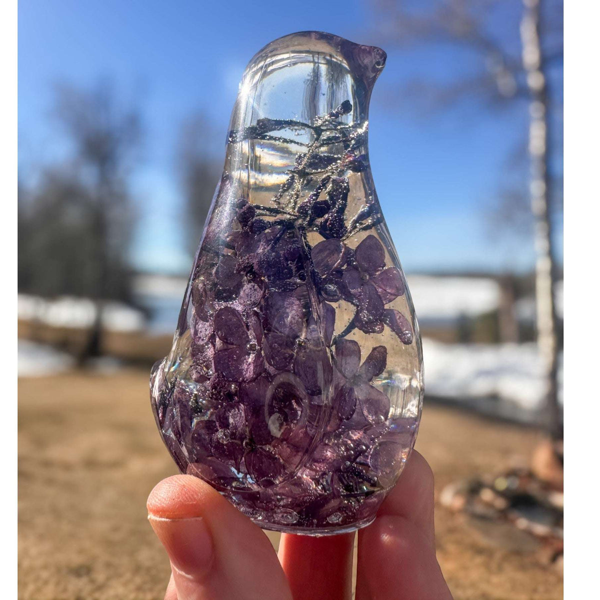 Lilac Bloom Songbird lilac resin bird decor with full preserved deep purple lilac bloom in clear resin, handmade Canada