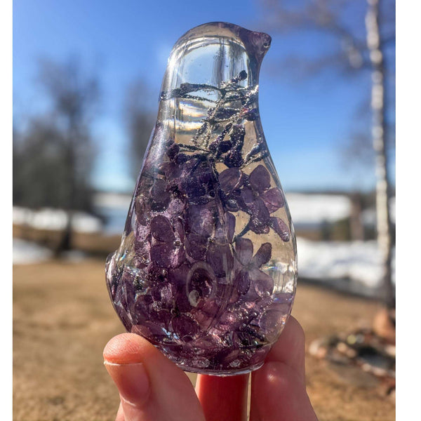 Lilac Bloom Songbird lilac resin bird decor with full preserved deep purple lilac bloom in clear resin, handmade Canada
