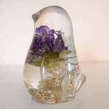 Garden Reverie Songbird hydrangea resin bird decor with real white hydrangea and purple blooms in clear resin, handmade Canada