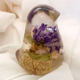 Garden Reverie Songbird hydrangea resin bird decor with real white hydrangea and purple blooms in clear resin, handmade Canada