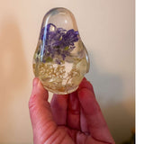 Garden Reverie Songbird hydrangea resin bird decor with real white hydrangea and purple blooms in clear resin, handmade Canada