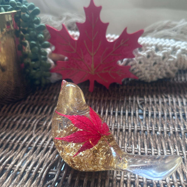 Maple Leaf Songbird - Handmade Resin Bird Maple Leaf & Gold Accents