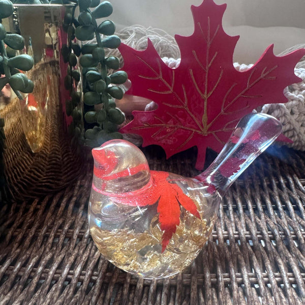 Maple Leaf Songbird - Handmade Resin Bird Maple Leaf & Gold Accents