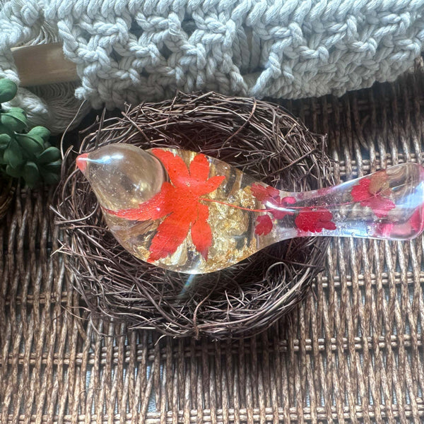 Maple Leaf Songbird - Handmade Resin Bird Maple Leaf & Gold Accents