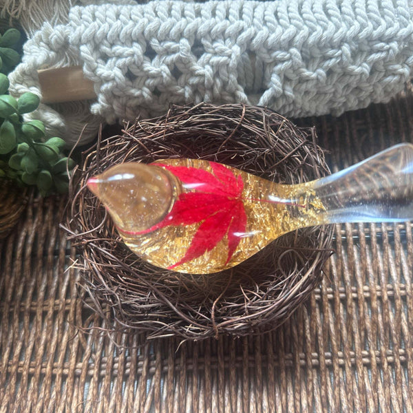 Maple Leaf Songbird - Handmade Resin Bird Maple Leaf & Gold Accents