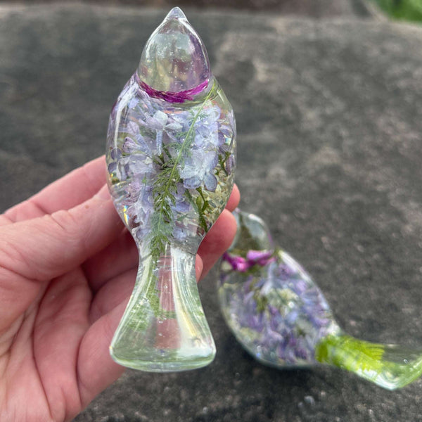 Lilac Whispers – Handmade Resin Bird with Green & Burgundy Accents