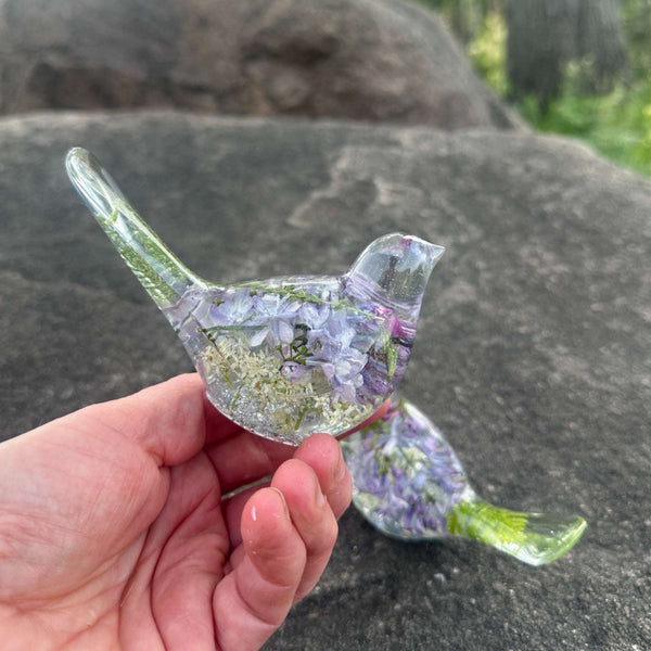 Lilac Whispers – Handmade Resin Bird with Green & Burgundy Accents