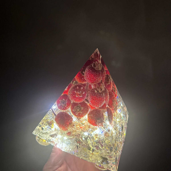 Handcrafted Vibrant Red Berry Resin Pyramid with LED Lights Home Decor