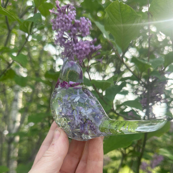 Lilac Whispers – Handmade Resin Bird with Green & Burgundy Accents