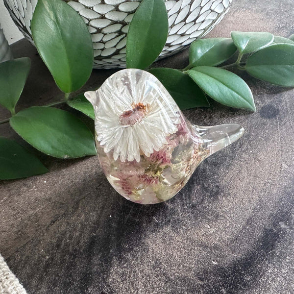 Handmade Spring Floral Resin Bird with Straw Flowers - Blossom Flight