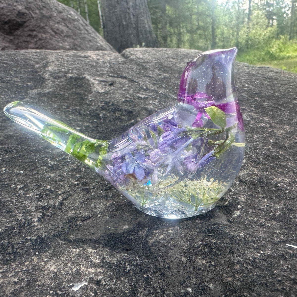 Lilac Whispers – Handmade Resin Bird with Green & Burgundy Accents