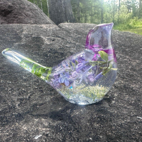 Lilac Whispers – Handmade Resin Bird with Green & Burgundy Accents