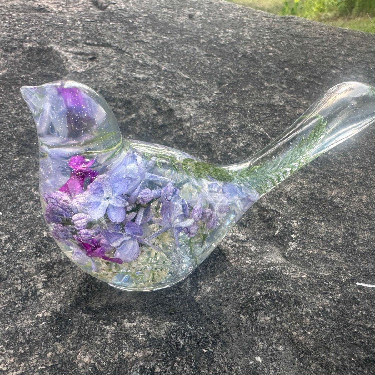 Lilac Whispers – Handmade Resin Bird with Green & Burgundy Accents