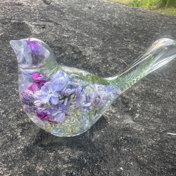 Lilac Whispers – Handmade Resin Bird with Green & Burgundy Accents