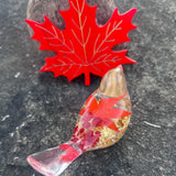 Maple Leaf Songbird - Handmade Resin Bird Maple Leaf & Gold Accents