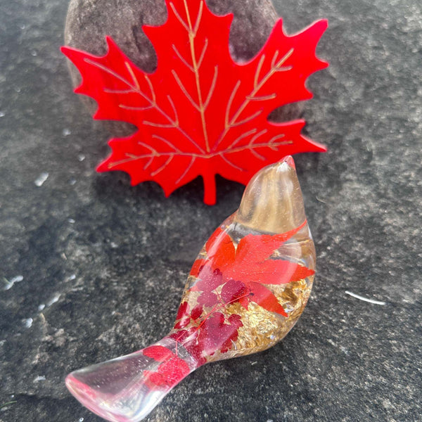 Maple Leaf Songbird - Handmade Resin Bird Maple Leaf & Gold Accents
