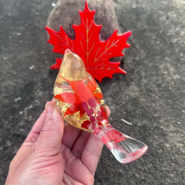 Maple Leaf Songbird - Handmade Resin Bird Maple Leaf & Gold Accents