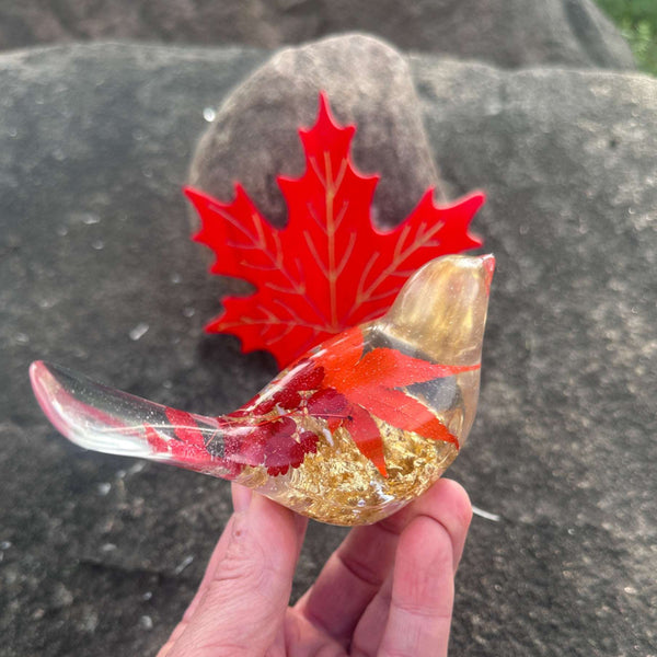 Maple Leaf Songbird - Handmade Resin Bird Maple Leaf & Gold Accents