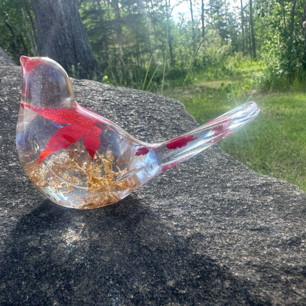 Maple Leaf Songbird - Handmade Resin Bird Maple Leaf & Gold Accents