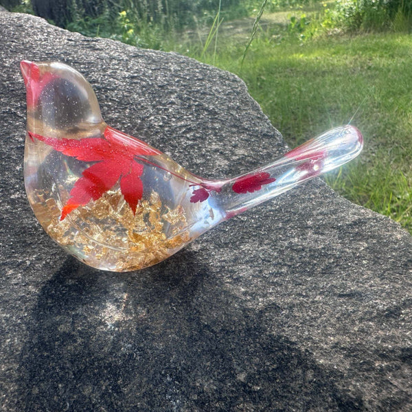 Maple Leaf Songbird - Handmade Resin Bird Maple Leaf & Gold Accents
