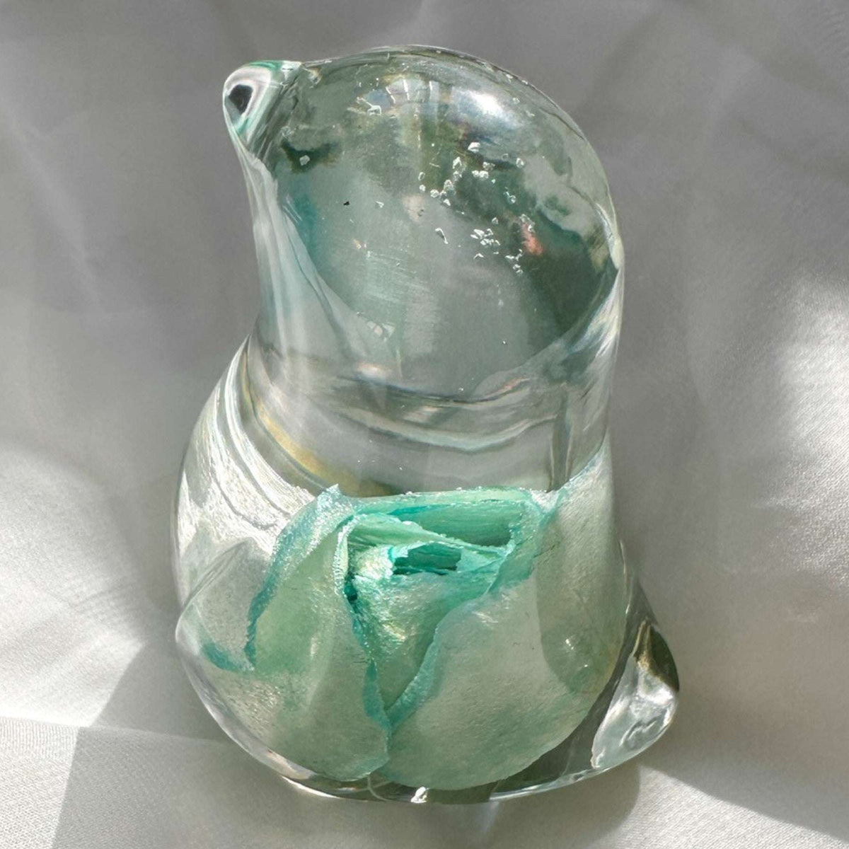 Blue Rose Songbird rainbow rose resin bird decor with real blue tinted rainbow rose in cool aqua resin, handmade Canada