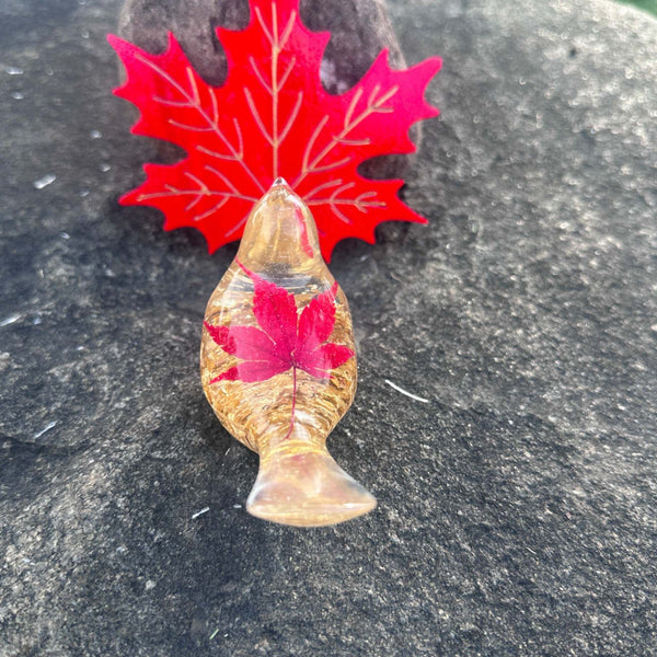 Maple Leaf Songbird - Handmade Resin Bird Maple Leaf & Gold Accents