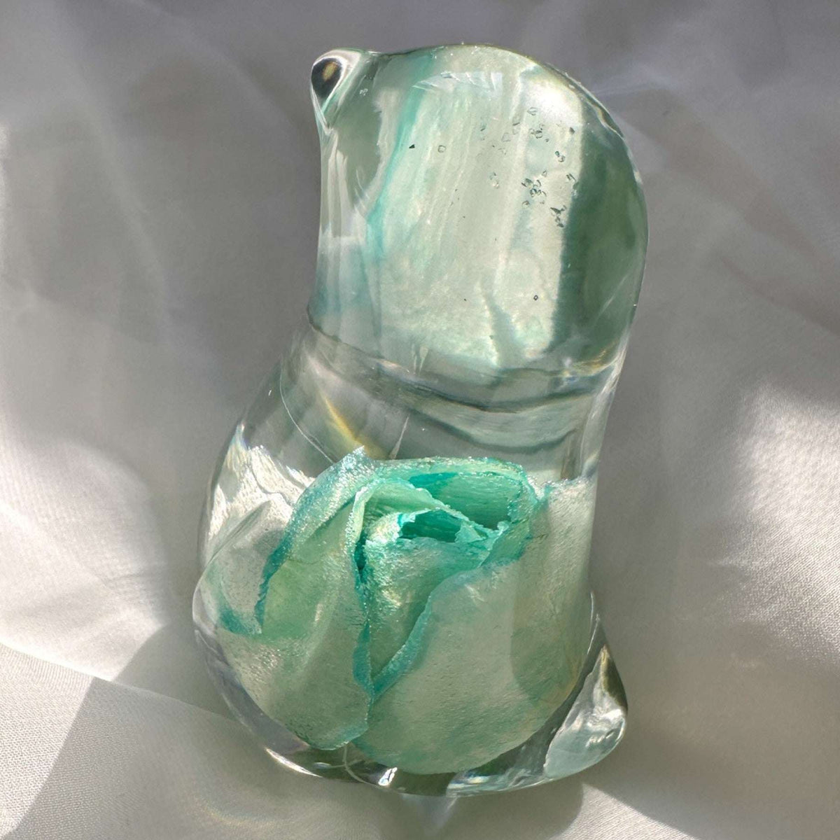 Blue Rose Songbird rainbow rose resin bird decor with real blue tinted rainbow rose in cool aqua resin, handmade Canada