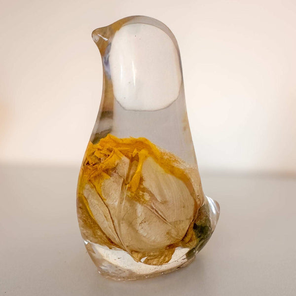 Sunshine Rose Songbird yellow rose resin bird decor with real preserved yellow rose in clear resin, handmade Canada