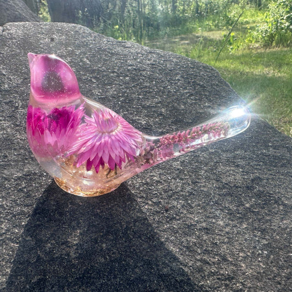 Pink Petal Songbird - Everlasting Strawflower Handmade Resin Bird