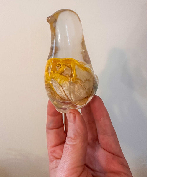 Sunshine Rose Songbird yellow rose resin bird decor with real preserved yellow rose in clear resin, handmade Canada