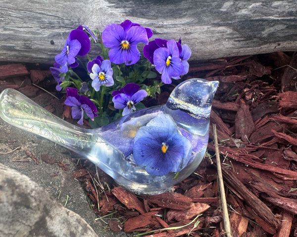 Pansy Songbird - Handmade Resin Bird Decor with Real Pansy Flowers