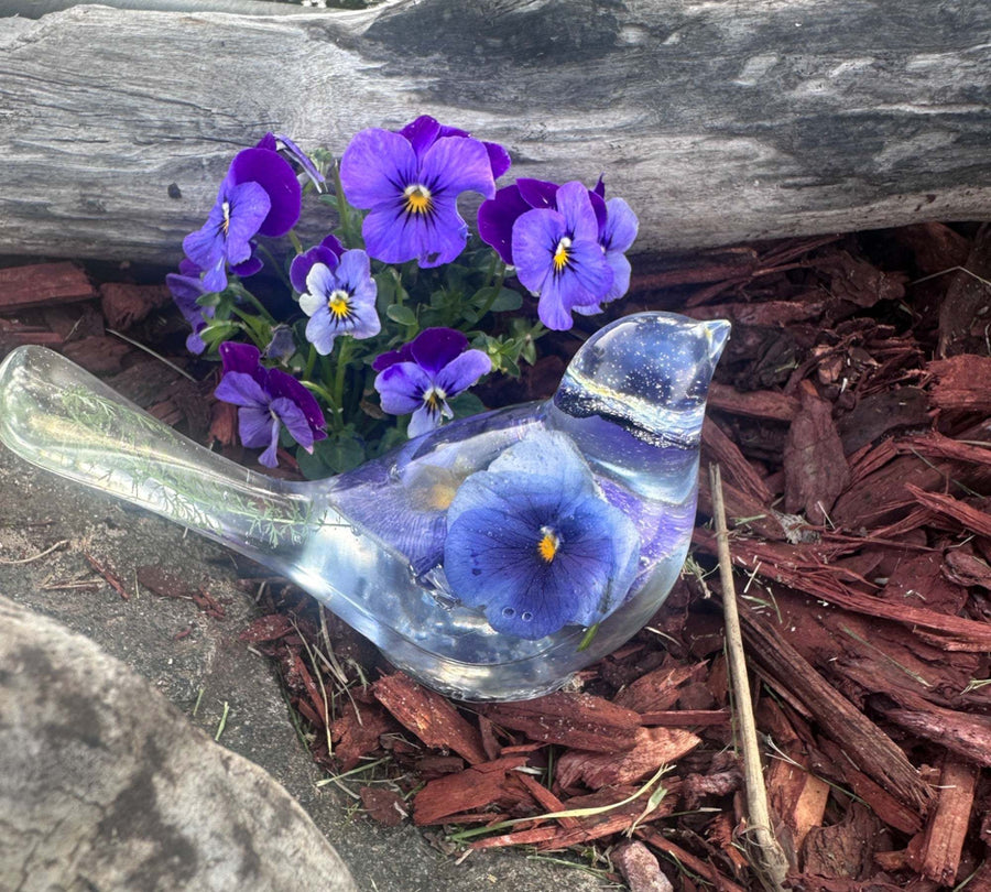 Pansy Songbird - Handmade Resin Bird Decor with Real Pansy Flowers