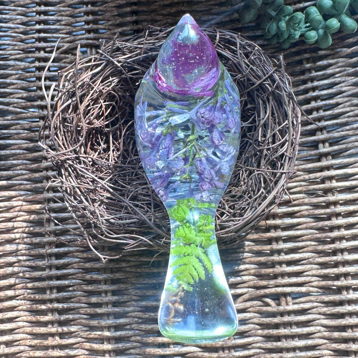 Lilac Whispers – Handmade Resin Bird with Green & Burgundy Accents