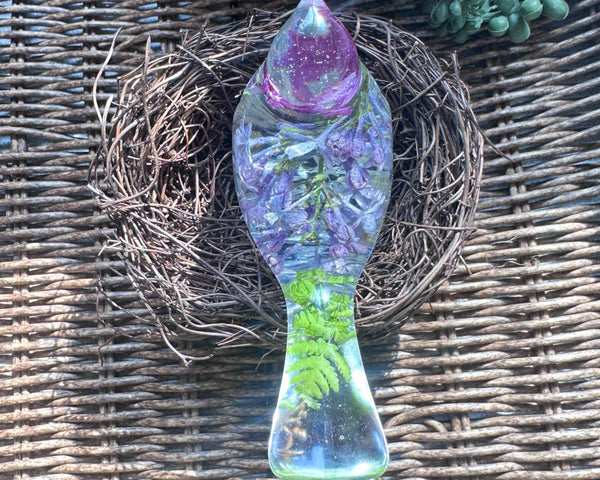 Lilac Whispers – Handmade Resin Bird with Green & Burgundy Accents