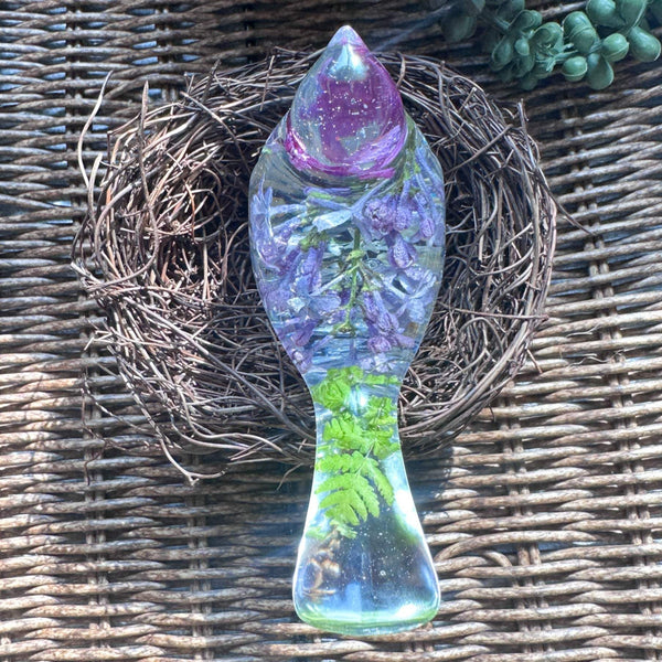 Lilac Whispers – Handmade Resin Bird with Green & Burgundy Accents