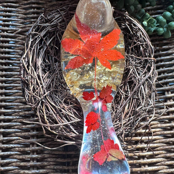 Maple Leaf Songbird - Handmade Resin Bird Maple Leaf & Gold Accents