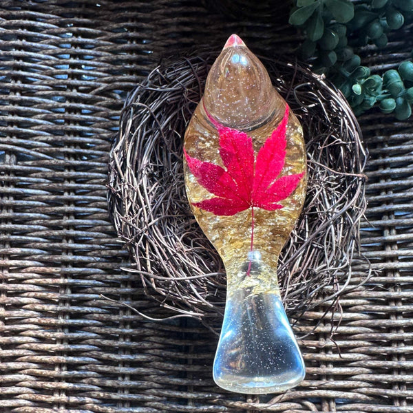 Maple Leaf Songbird - Handmade Resin Bird Maple Leaf & Gold Accents