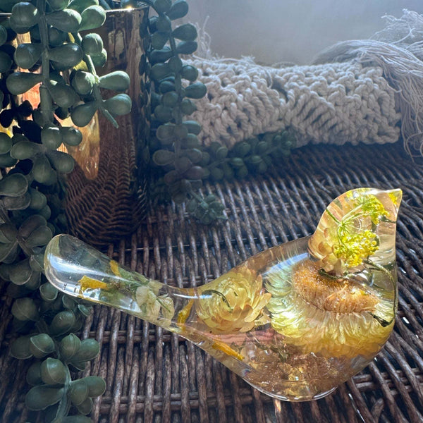Golden Garden Songbird - Sunshine Strawflower Handmade Resin Bird