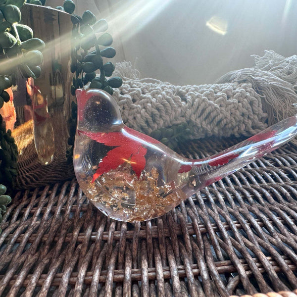 Maple Leaf Songbird - Handmade Resin Bird Maple Leaf & Gold Accents