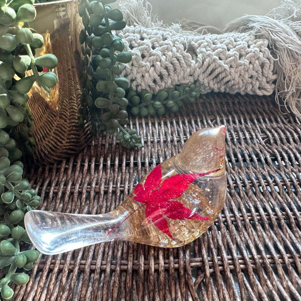 Maple Leaf Songbird - Handmade Resin Bird Maple Leaf & Gold Accents