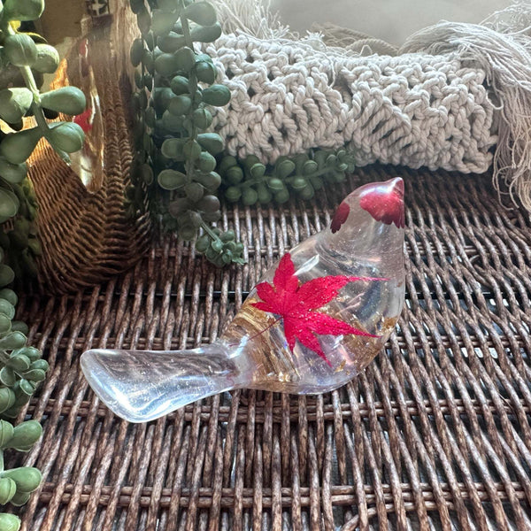 Maple Leaf Songbird - Handmade Resin Bird Maple Leaf & Gold Accents