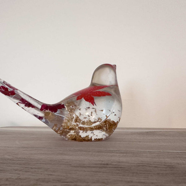 Maple Leaf Songbird - Handmade Resin Bird Maple Leaf & Gold Accents