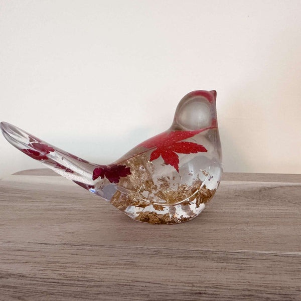 Maple Leaf Songbird - Handmade Resin Bird Maple Leaf & Gold Accents